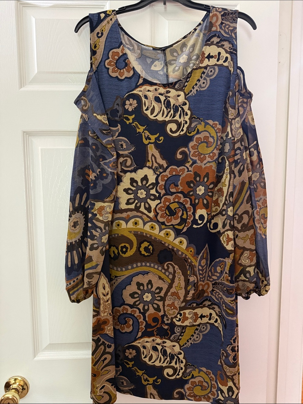 J.B.S. Cold-Shoulder Paisley Long Sleeve Dress in Navy, Tan and Cream